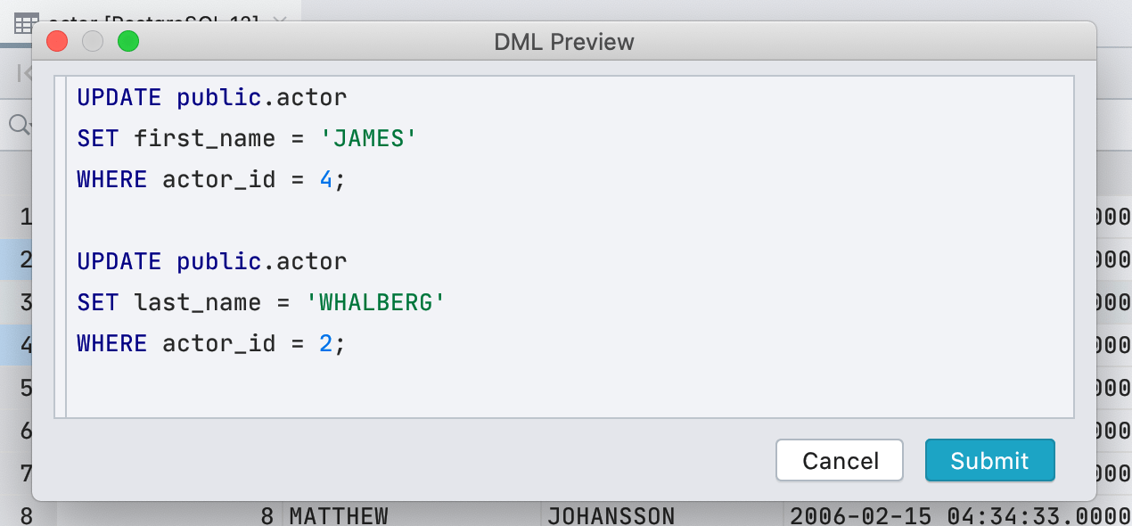 DML preview in the data editor