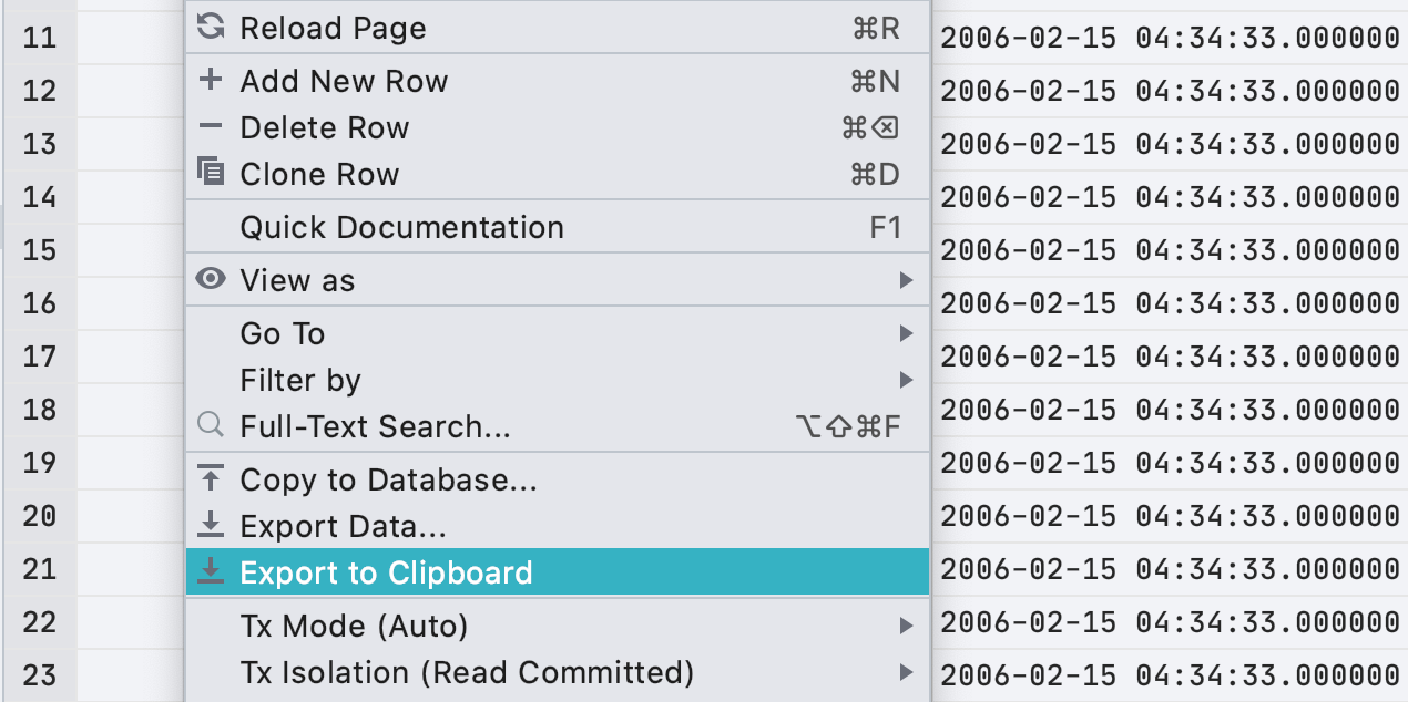 Export to clipboard in the data editor context menu