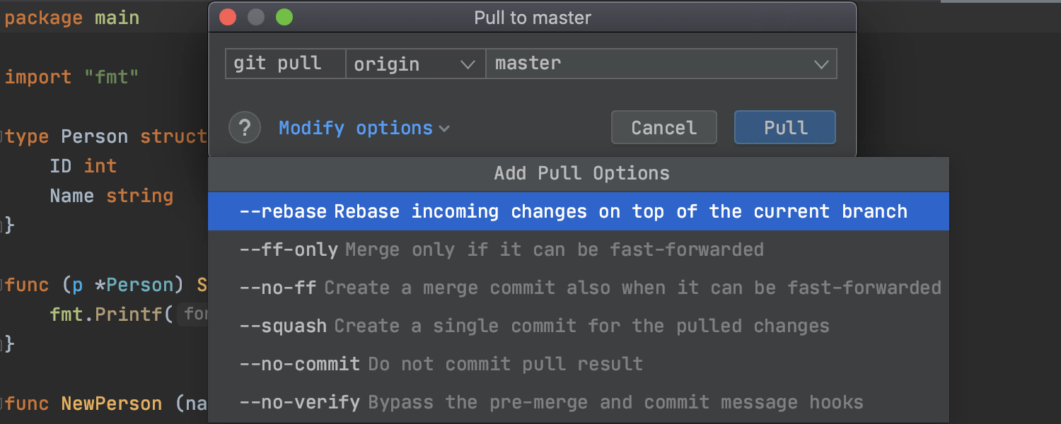 Improved Git action dialogs