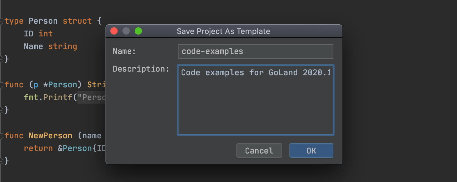 Save Project as Template tool window