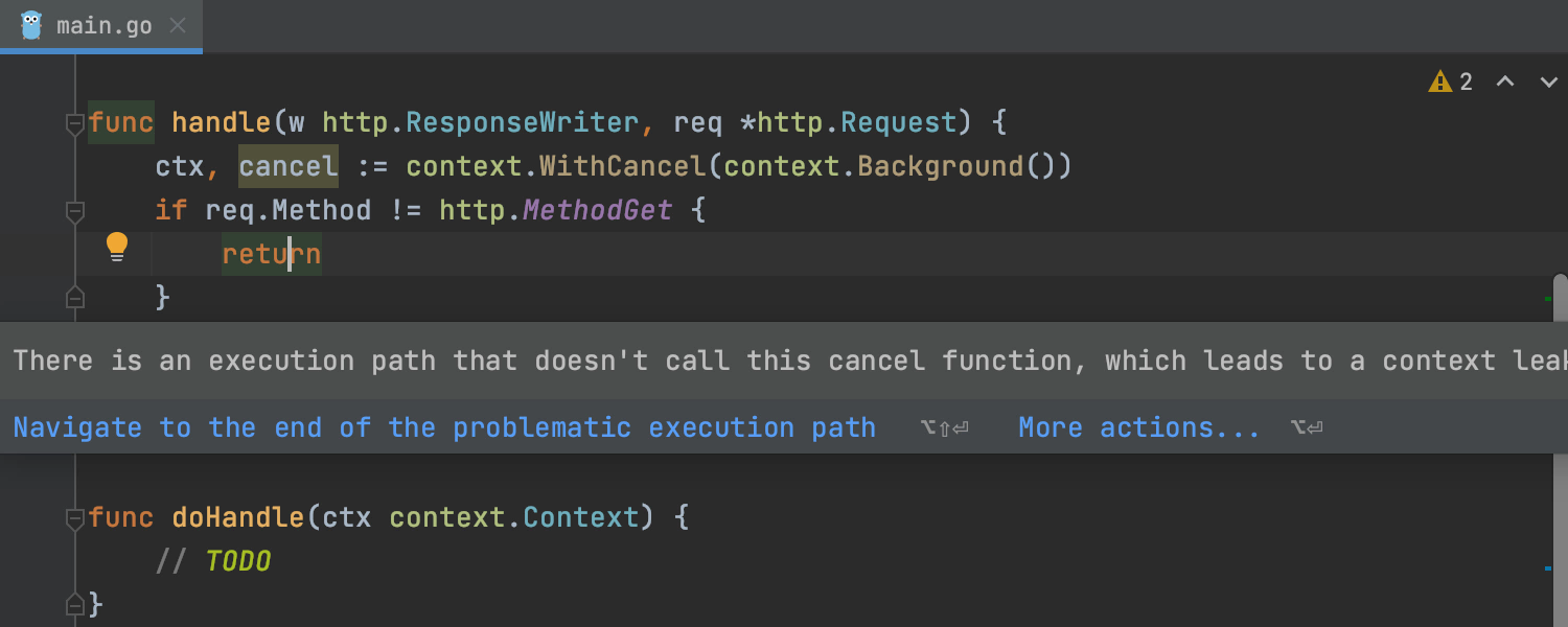 GoLand provides a warning when an execution path doesn't call the cancel function