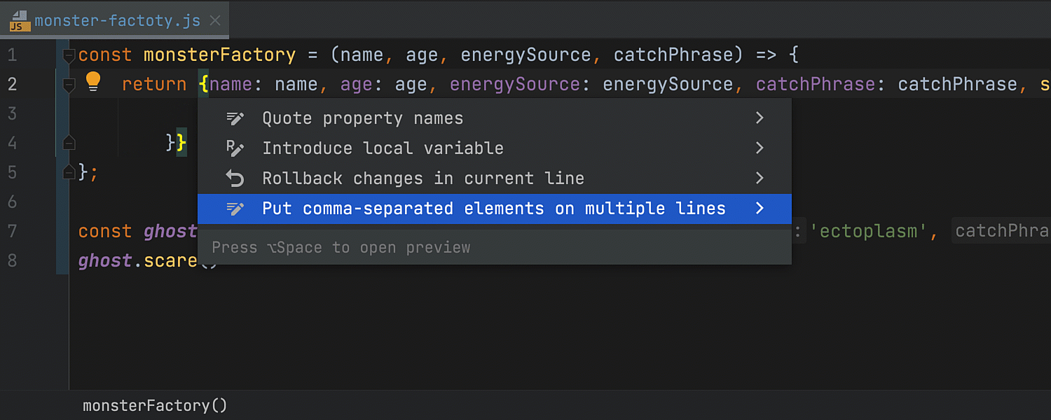 Putting elements in a JavaScript file on separate lines, and back on one line