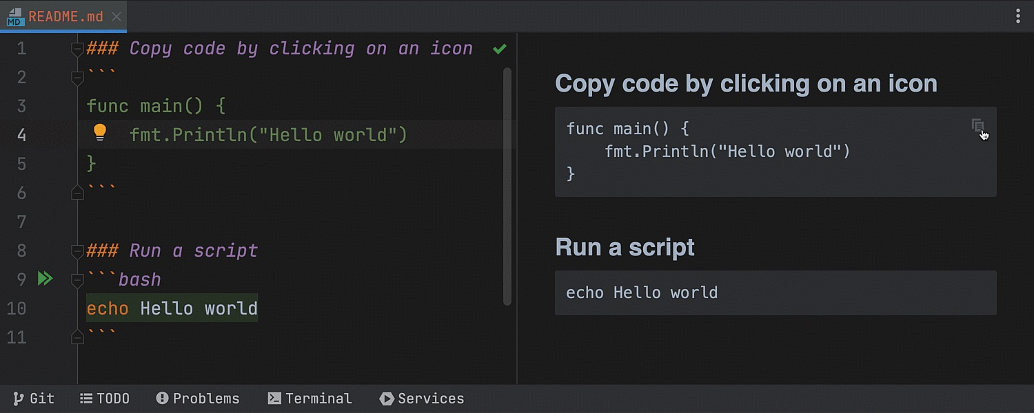 Markdown 编辑器中的 Copy code（复制代码）图标