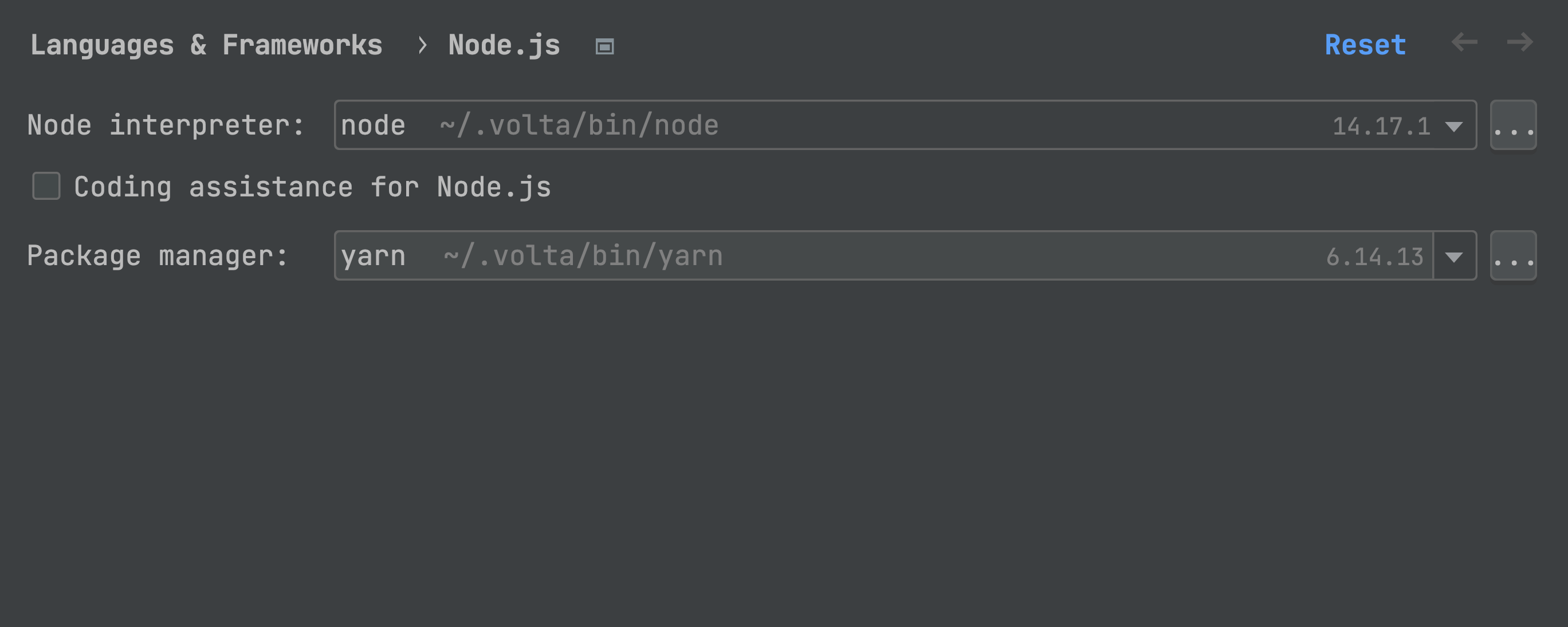 GoLand 将自动识别使用 Volta 安装的 Yarn 和 npm。
