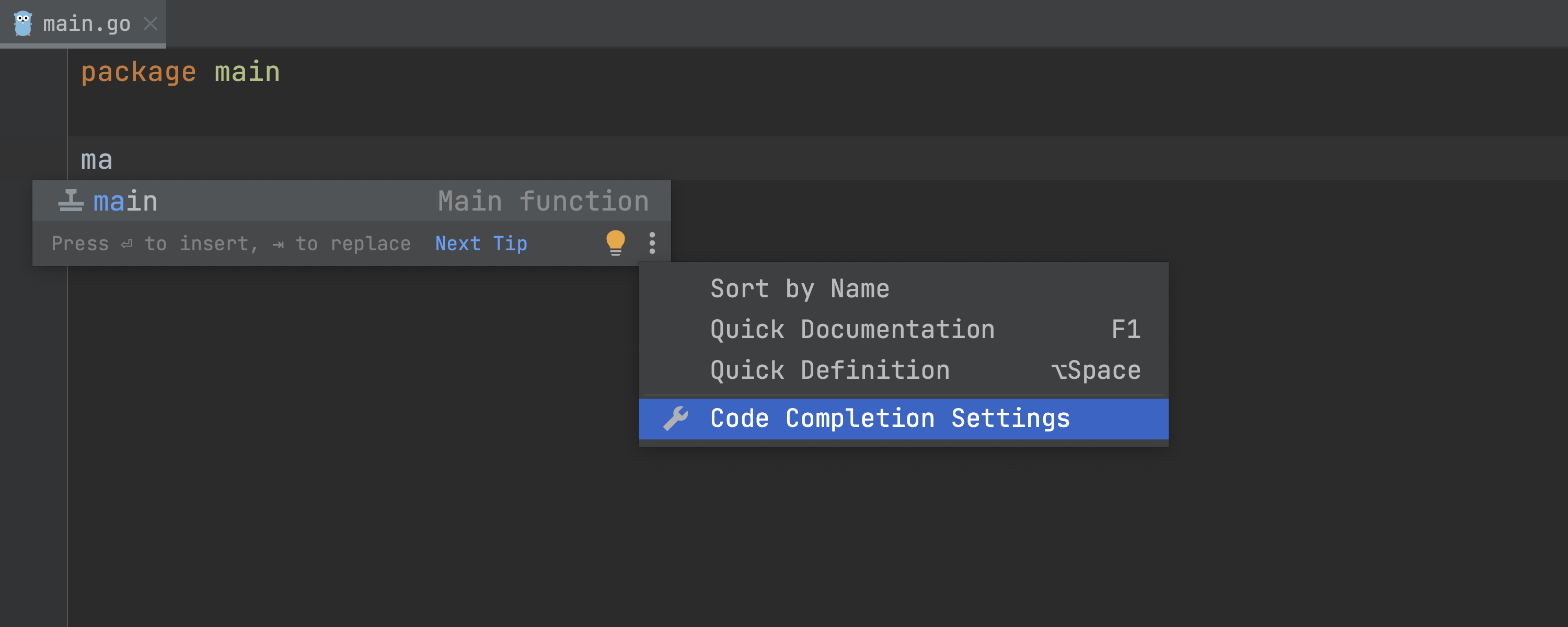 可以访问 Code Completion Settings（代码补全设置）的弹出窗口
