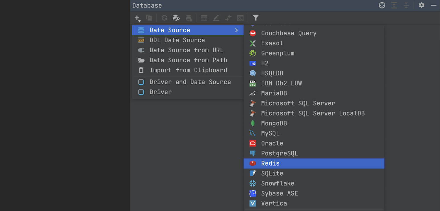 在 Database（数据库）工具窗口中选择 Redis 连接