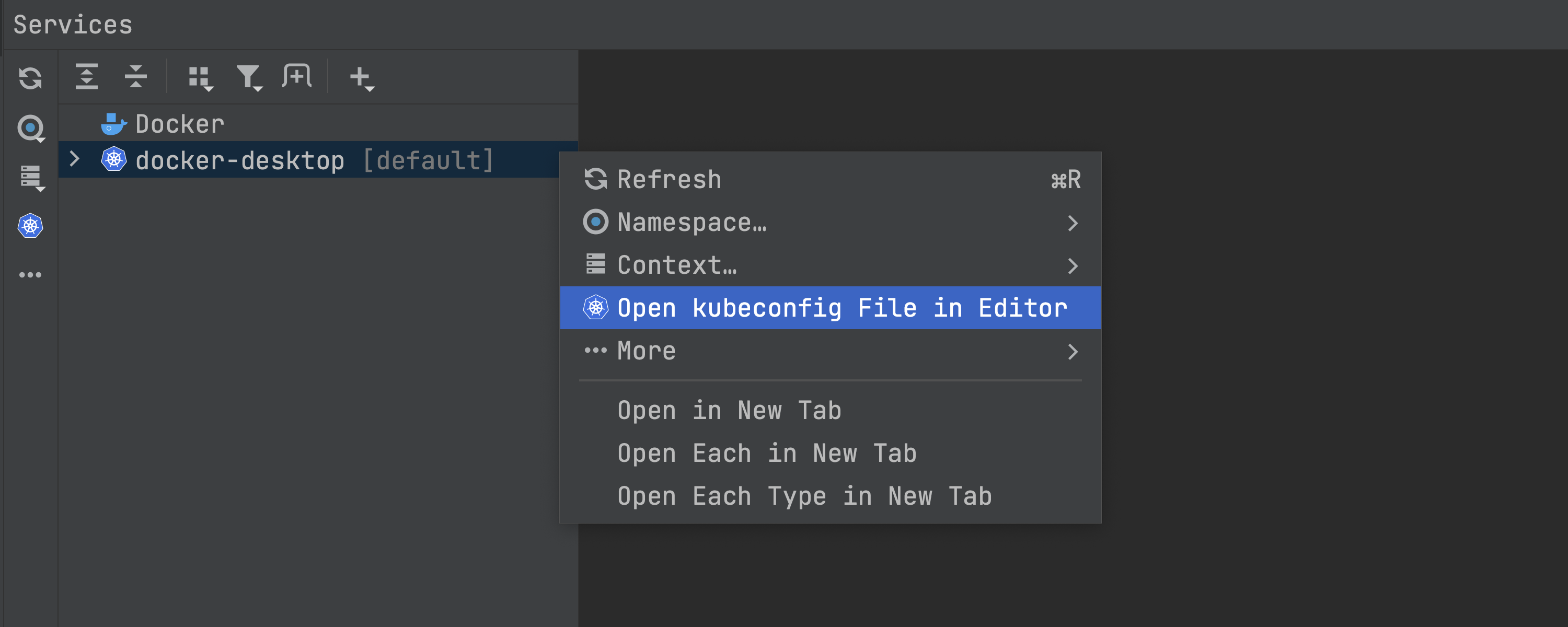从 Services（服务）视图在编辑器中打开 kubeconfig 文件