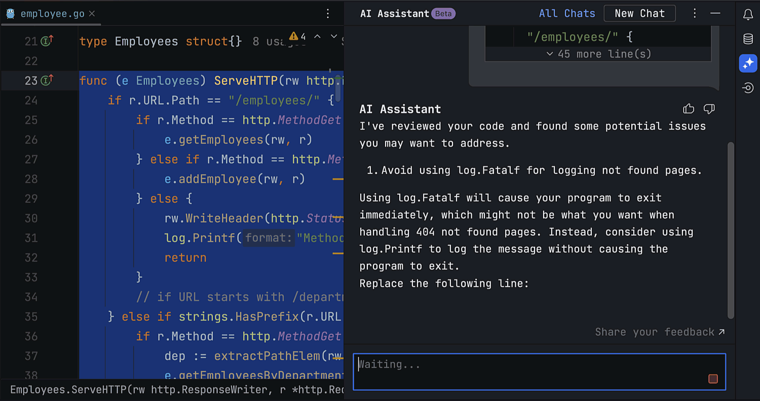 The AI Assistant plugin’s suggestions about how to improve the code