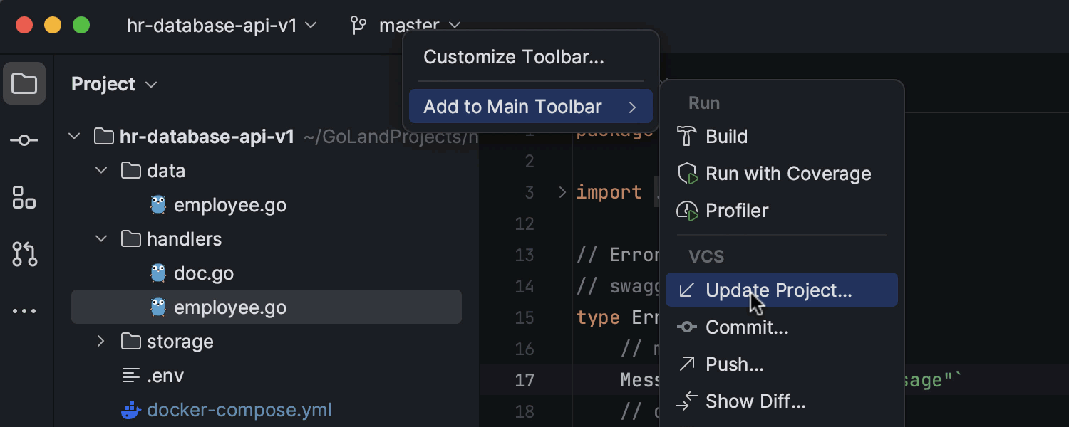 Adding the Update Project button to the main toolbar
