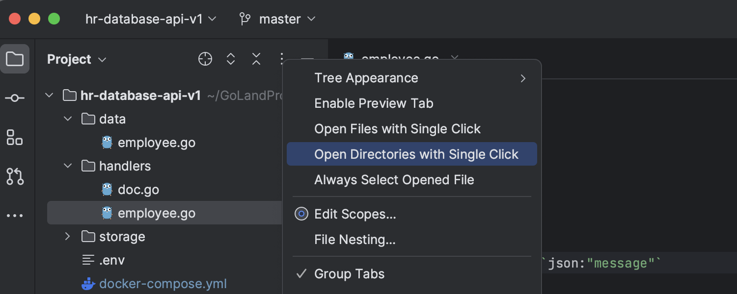 在 GoLand 设置中选择 Open Directories with Single Click（单击打开目录）选项