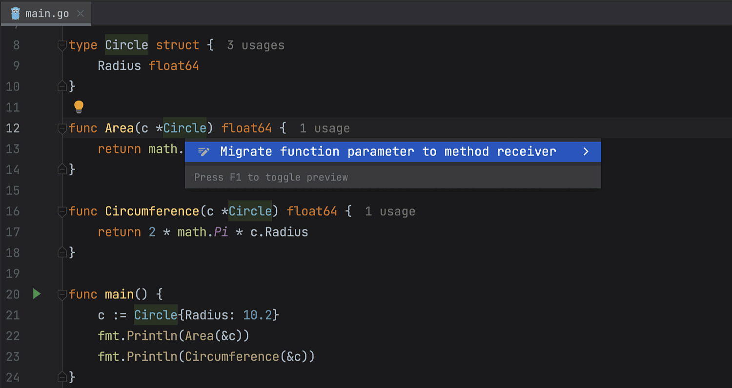 在 GoLand 中使用 Migrate function parameter to method receiver（将函数形参迁移到方法接收器）重构