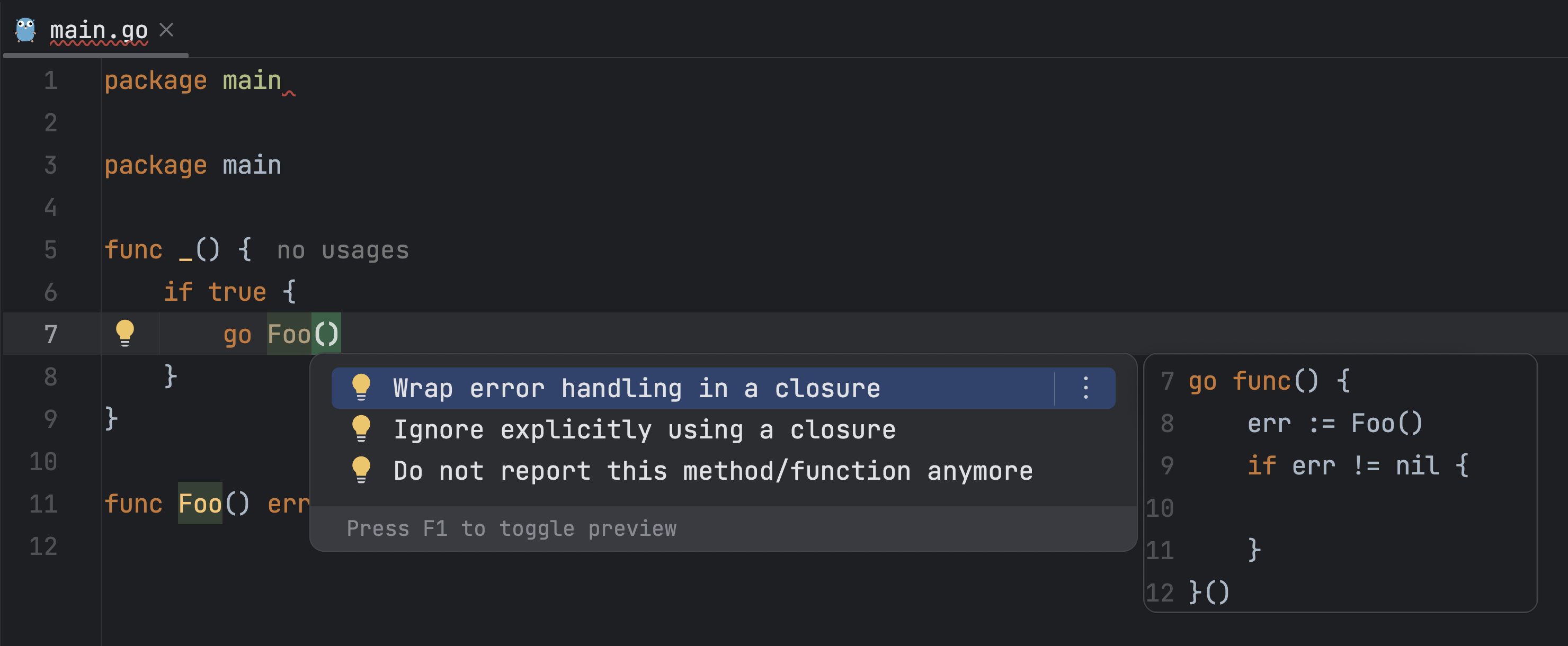 GoLand 中 Wrap error handling in a closure（在闭包中包装错误处理）意图操作的预览