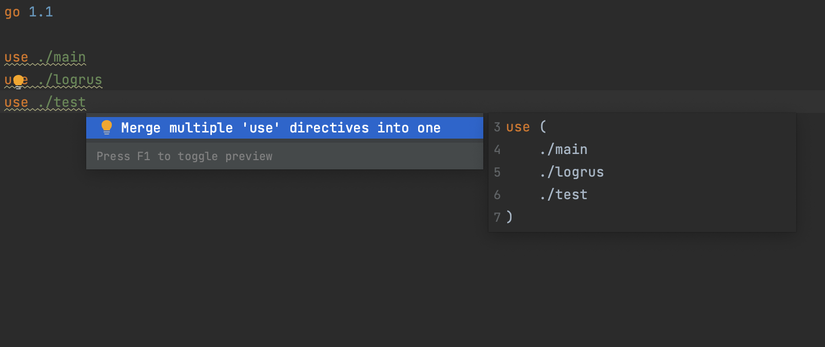 Group Multiple `use` Directives in `go.work` - JetBrains Guide