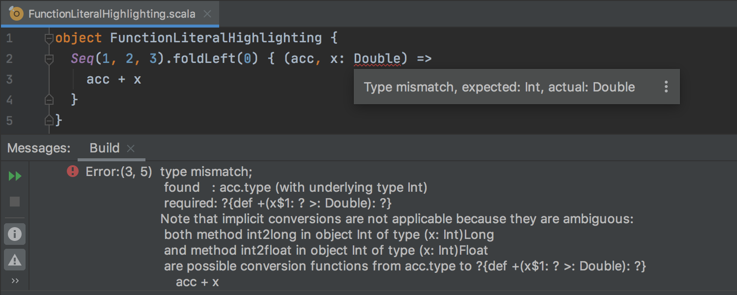 Fine-grained error highlighting for function literals