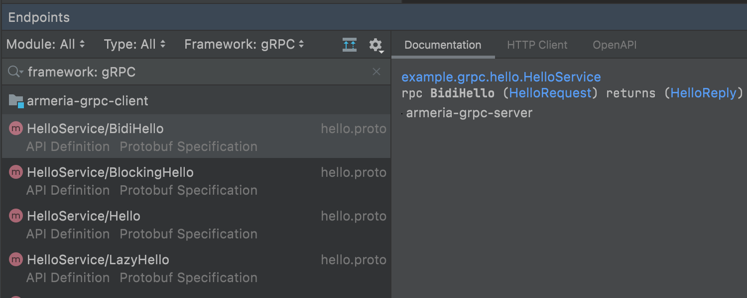 Endpoints 工具窗口中显示的 gRPC 端点