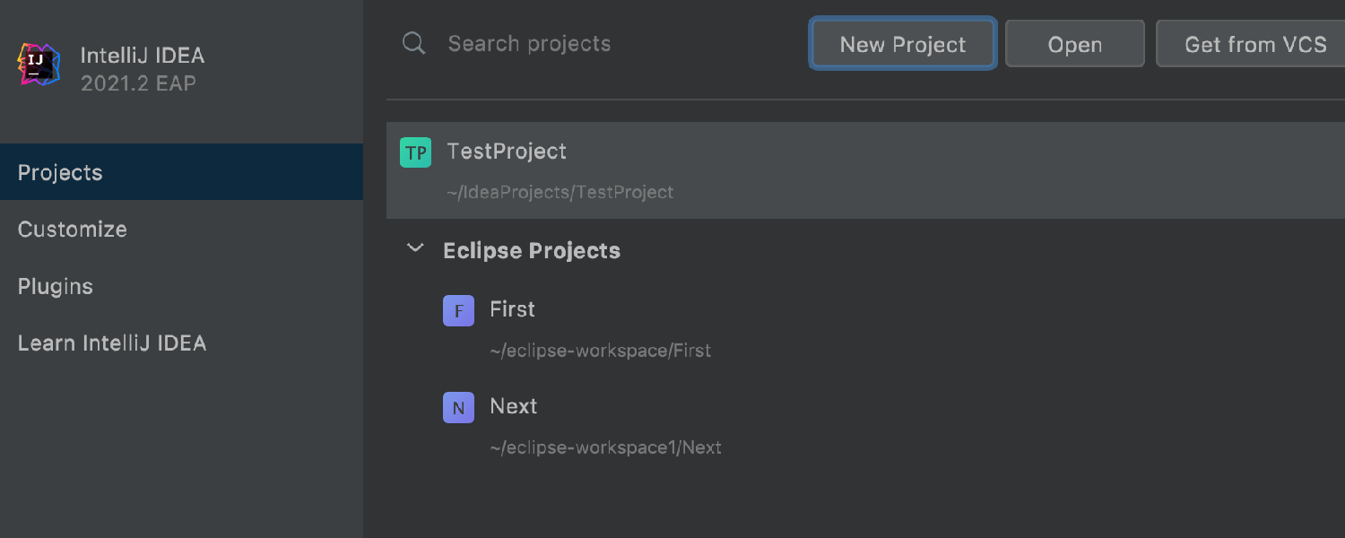 Quick access to Eclipse projects