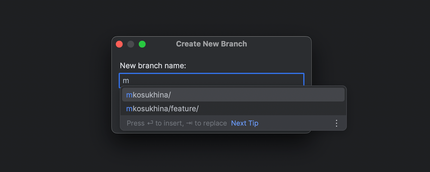 Create New Branch（创建新分支）弹出窗口中的自动补全