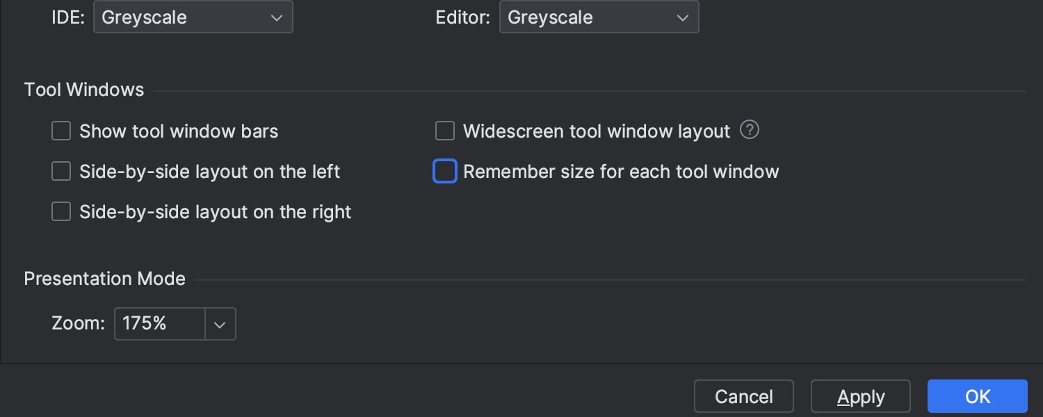 新的 Remember size for each tool window（记住每个工具窗口的大小）设置