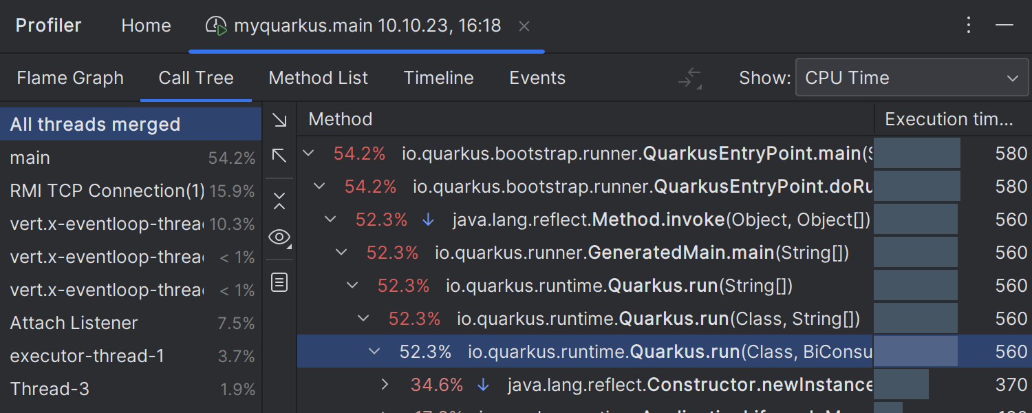 Run with Coverage（使用覆盖率运行）和 Profile with IntelliJ Profiler（使用 IntelliJ Profiler 分析）可用于 Quarkus 项目