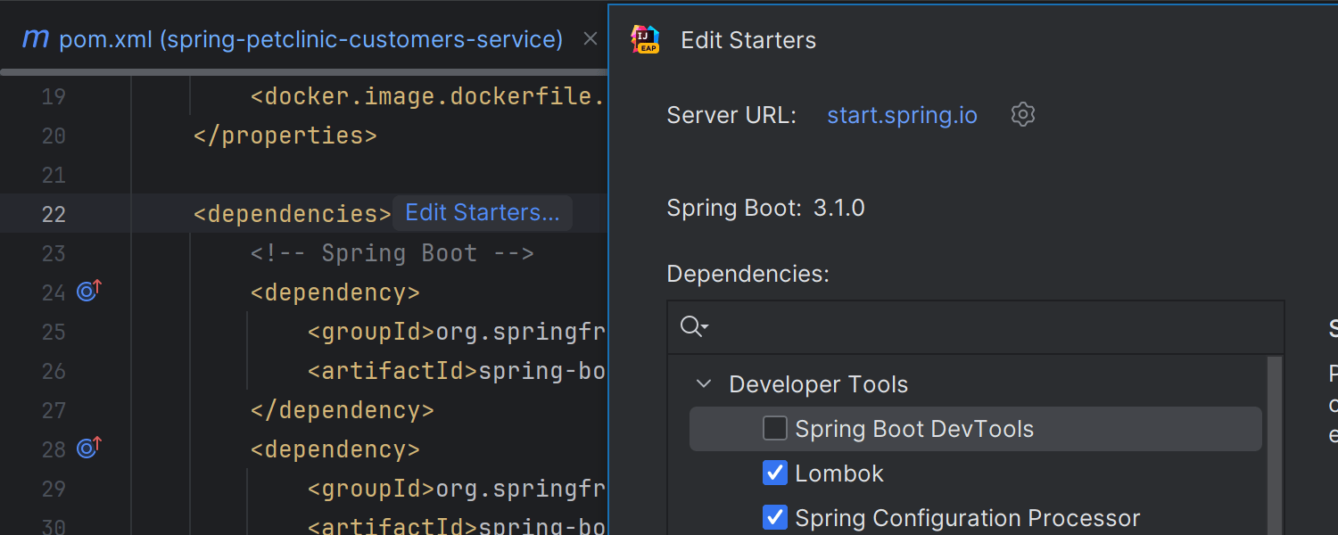 通过 Spring Initializr 添加和编辑 Spring Boot 启动器的选项