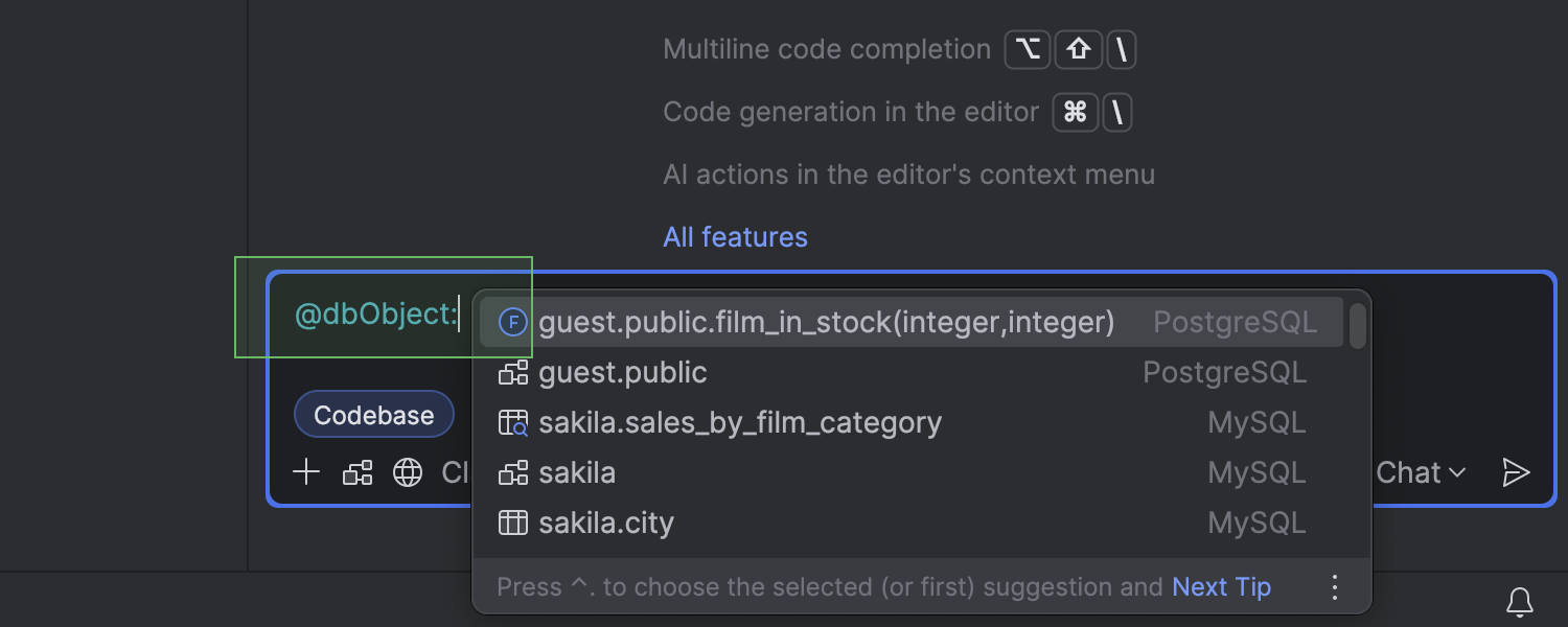 将数据库对象附加到 AI 聊天