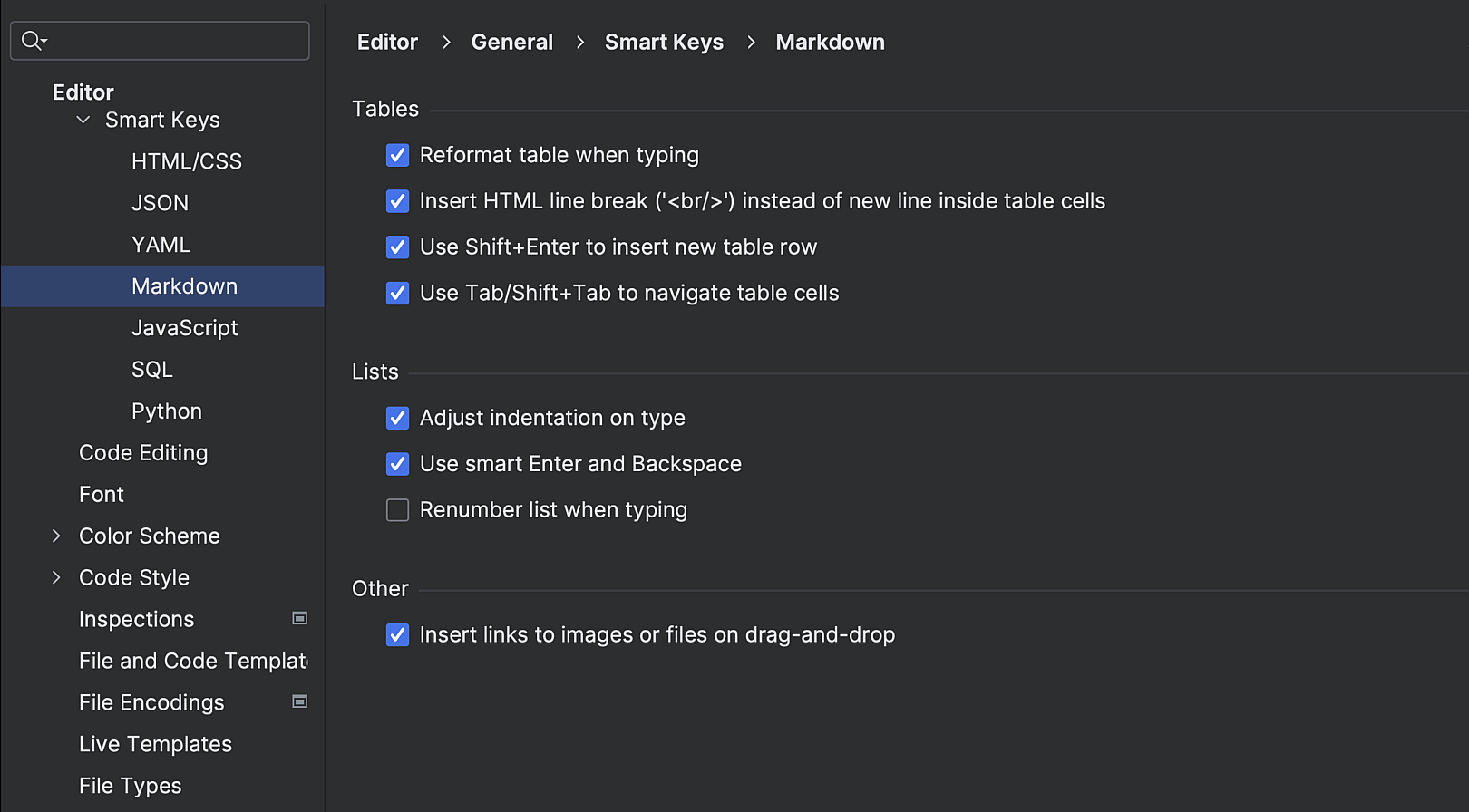 Markdown 的新 Smart Keys（智能按键）设置页面