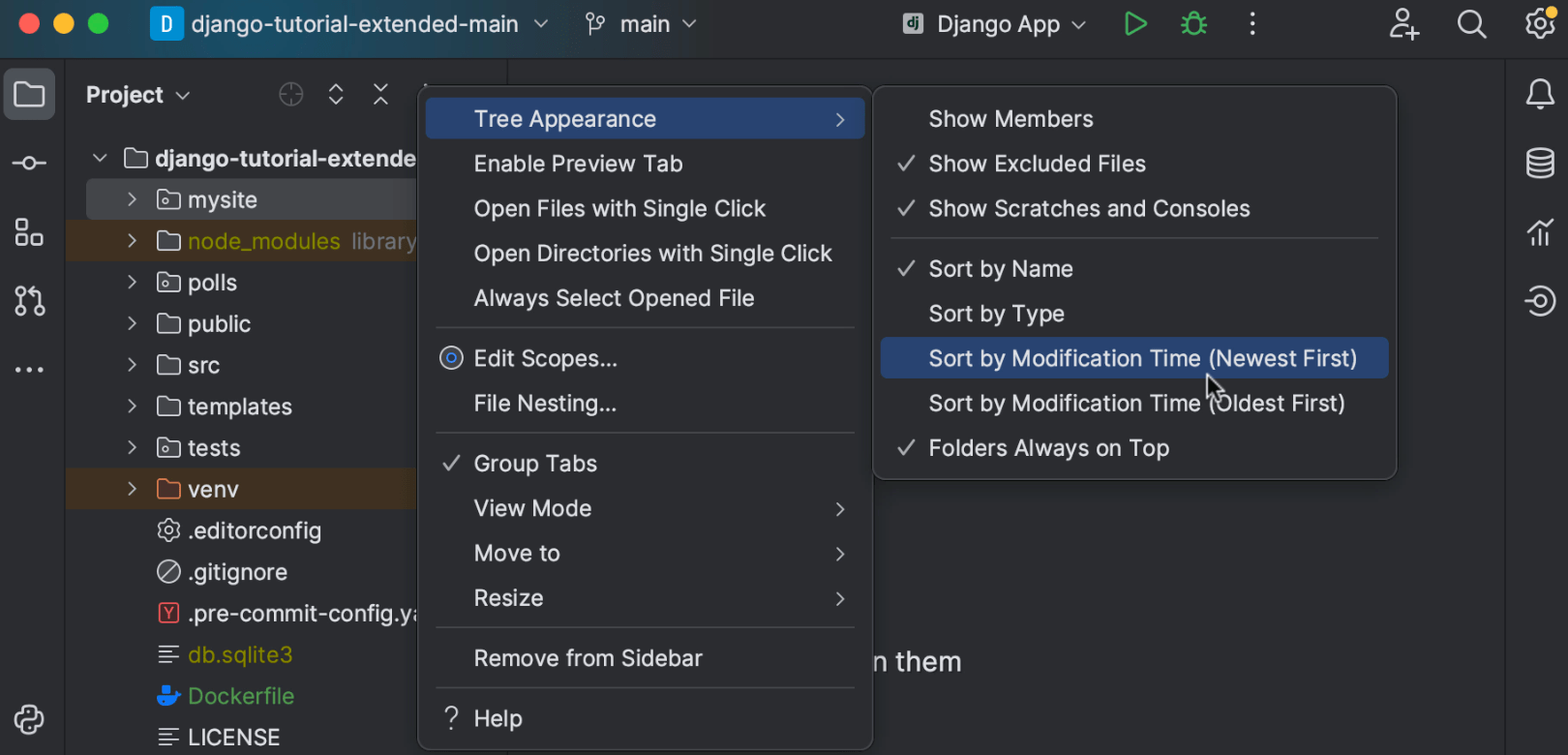 File sorting by modification time in the Project view