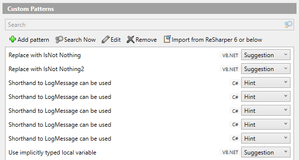 Search and replace patterns listed in ReSharper Pattern Catalog