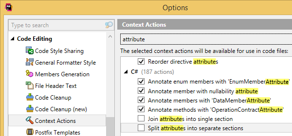 Context actions settings