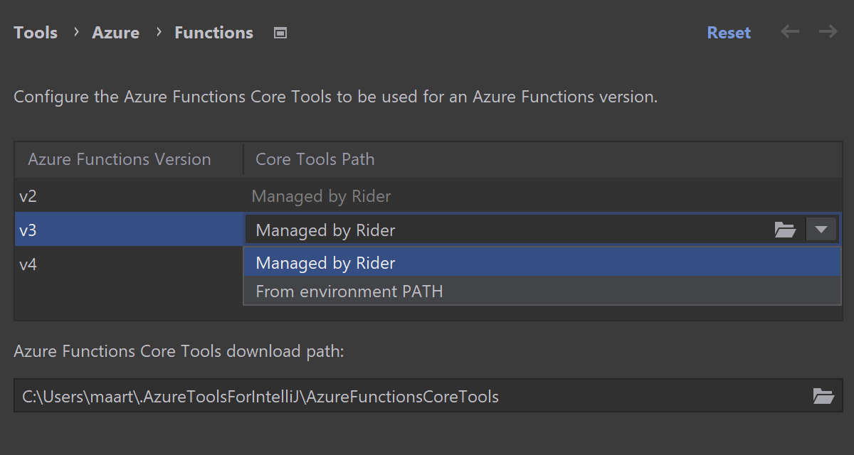 由 Rider 管理的 Azure Functions Core Tools