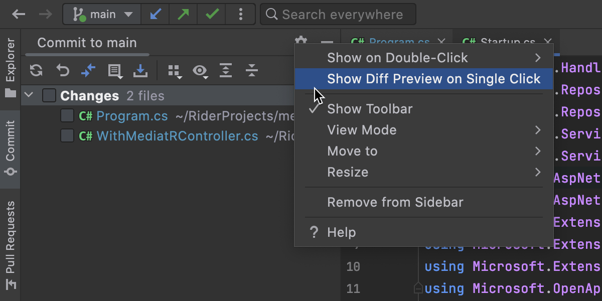在 Commit（提交）工具窗口中打开 Preview Diff（预览差异）