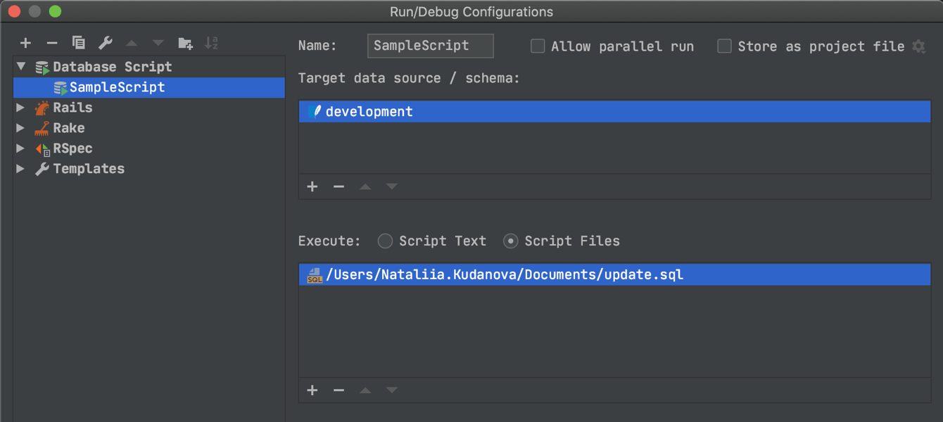 Database scripts in run configurations