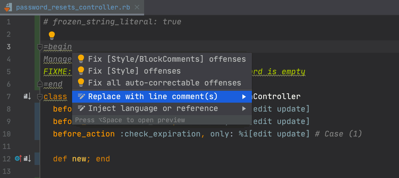 Switch between block and line comments