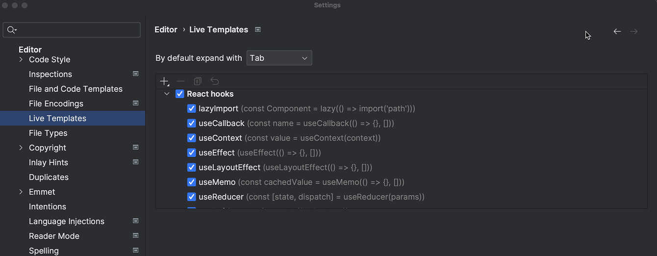 New live templates for React hooks