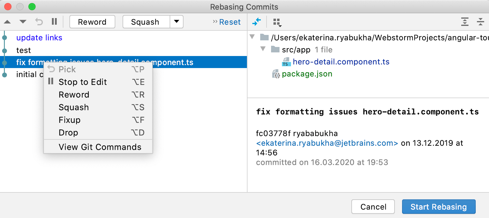 Reworked dialog for rebasing commits