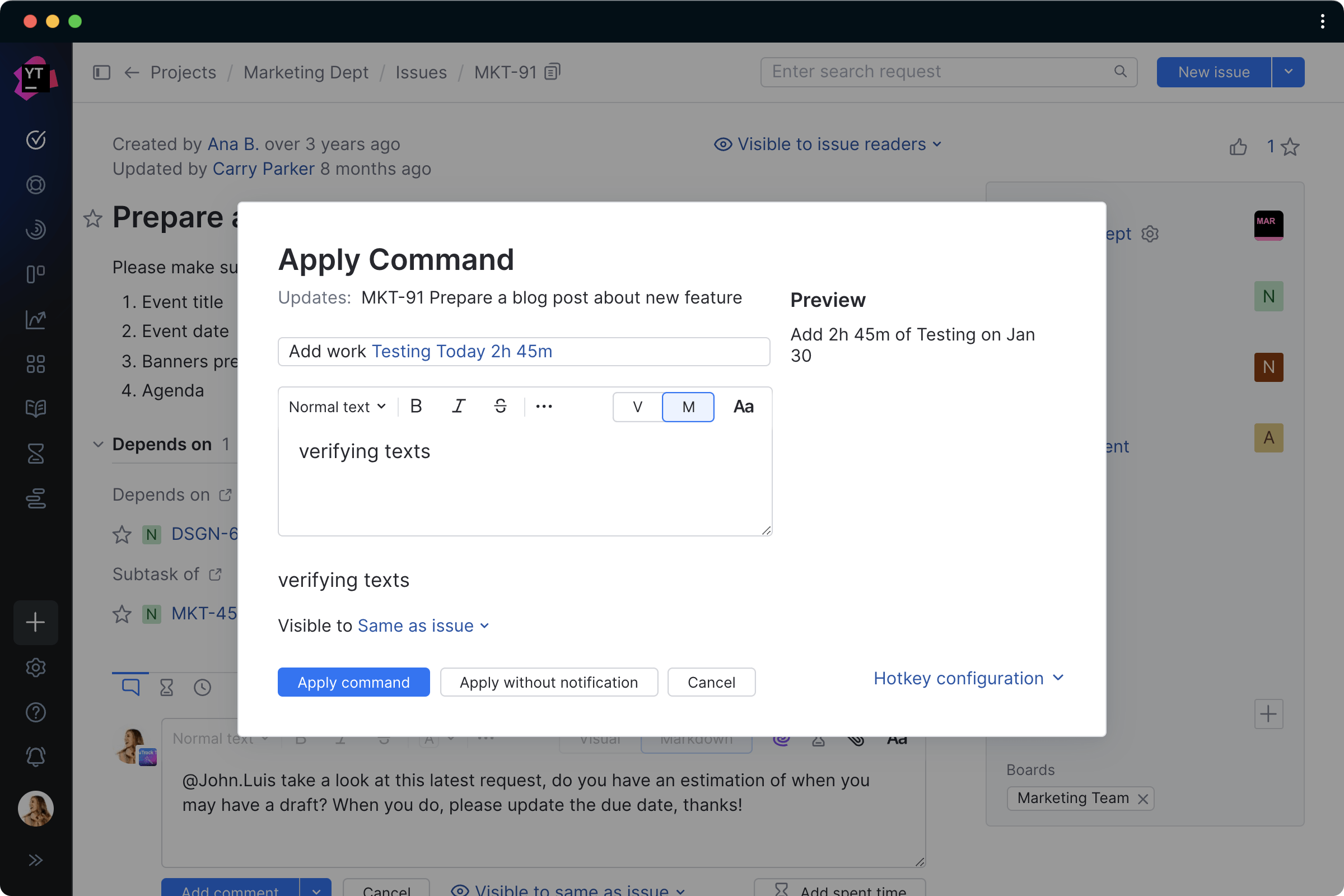 Use smart commands to create time entries
