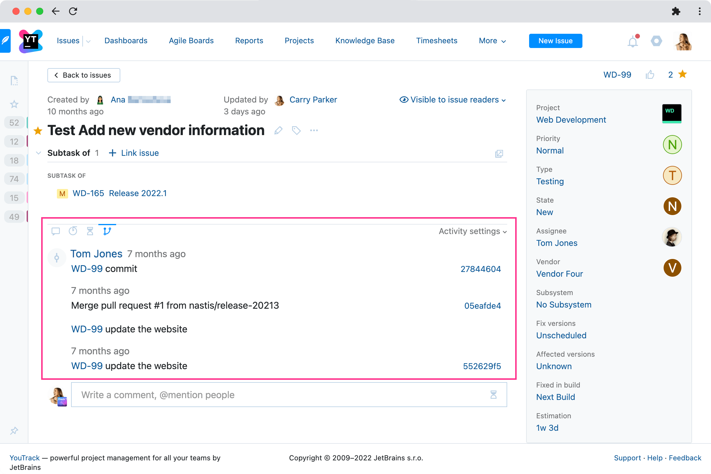 VCS changes in YouTrack Lite