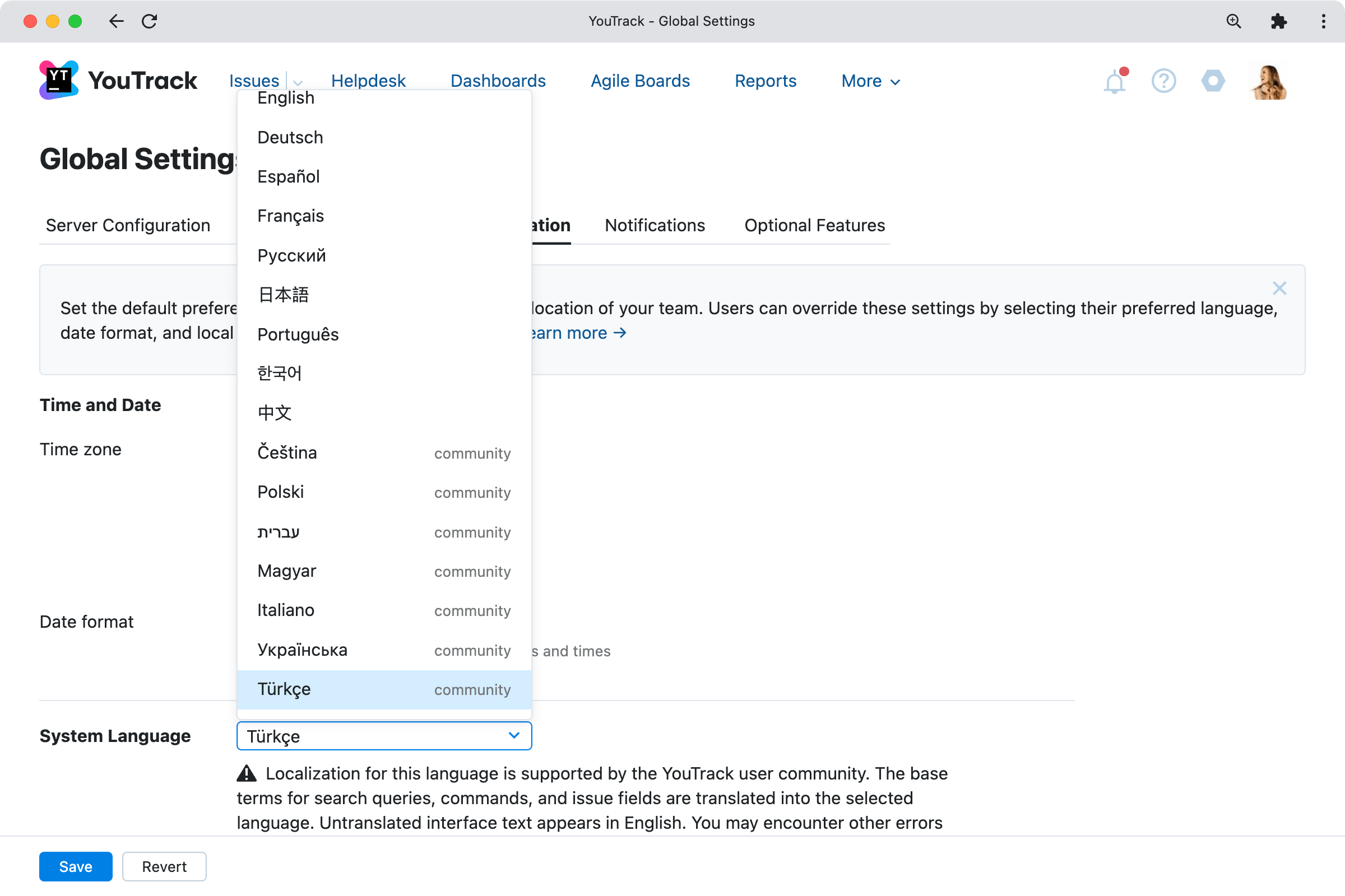 Turkish language support